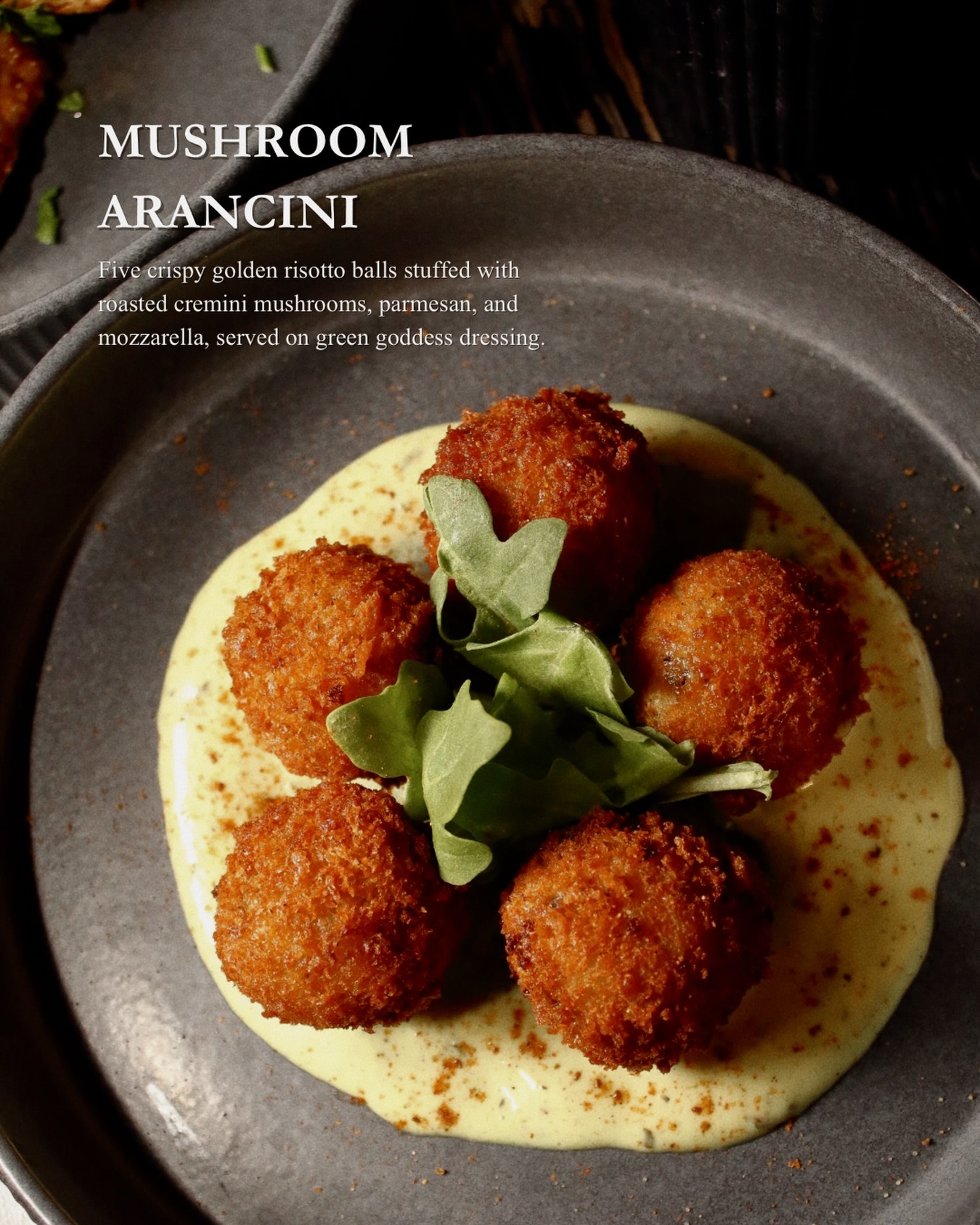 Golden risotto, roasted cremini mushrooms, Parmesan, and mozzarella. ✨ Our Mushroom Arancini features five crisp, golden risotto balls served over a delicate green goddess dressing. A refined take on a classic, crafted for sharing at Room 56.